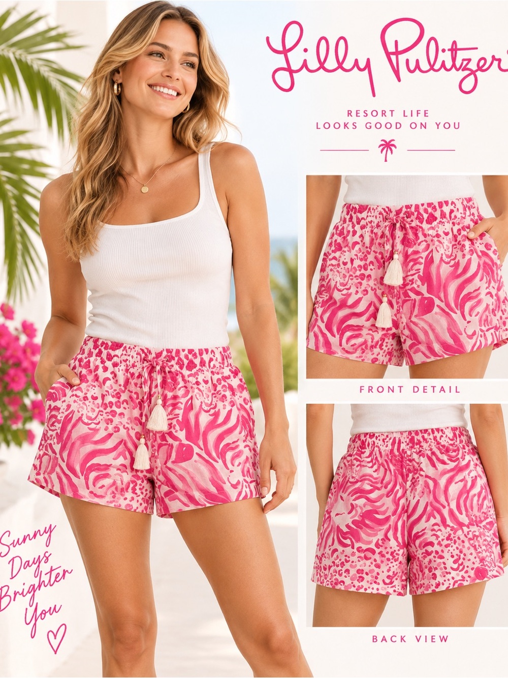 Lilly Pulitzer Pink White Animal Print Shorts Size L Tassel Drawstring